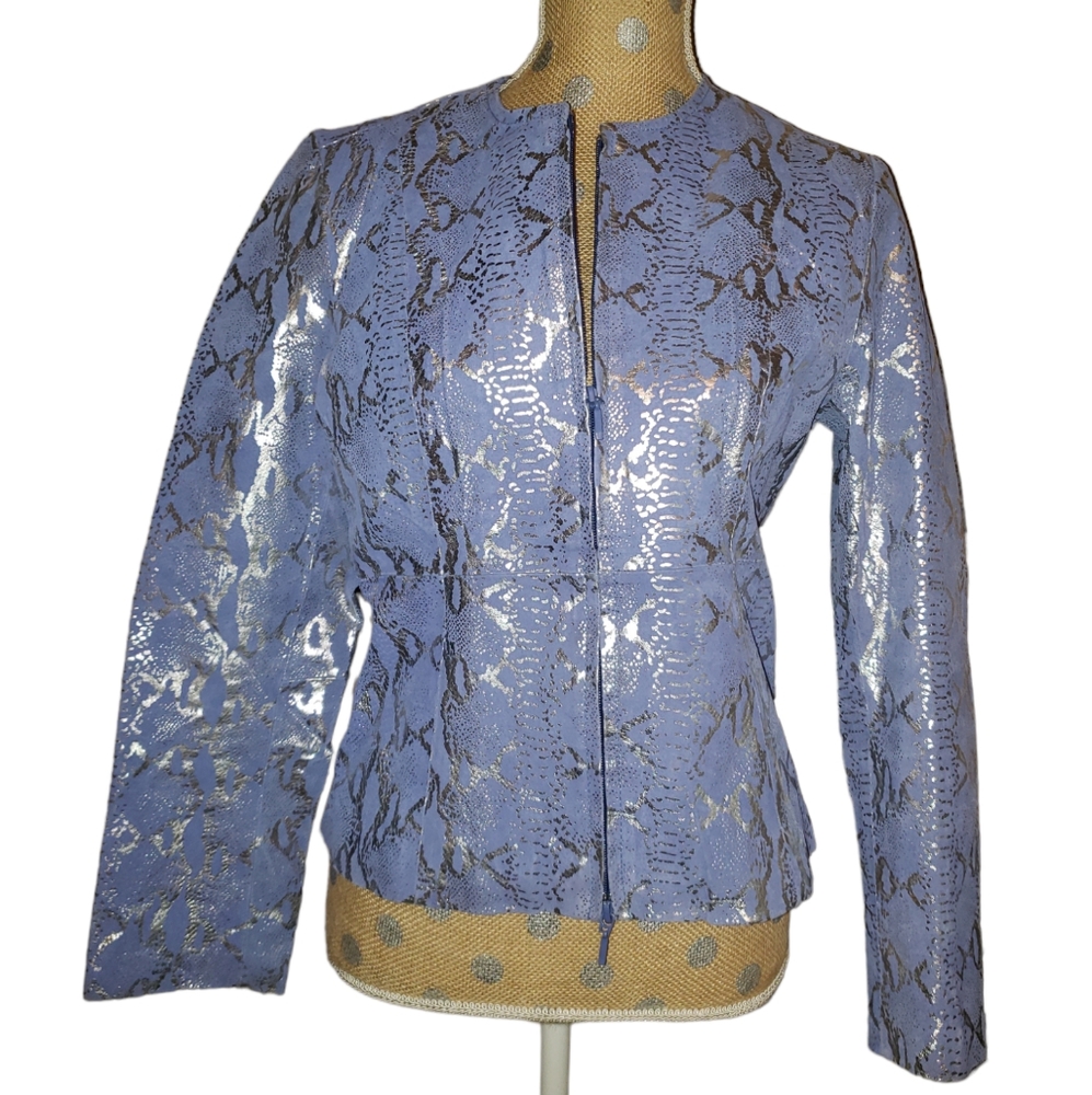 Metrostyle blue leather silver snake print zip jacket 6 y2k